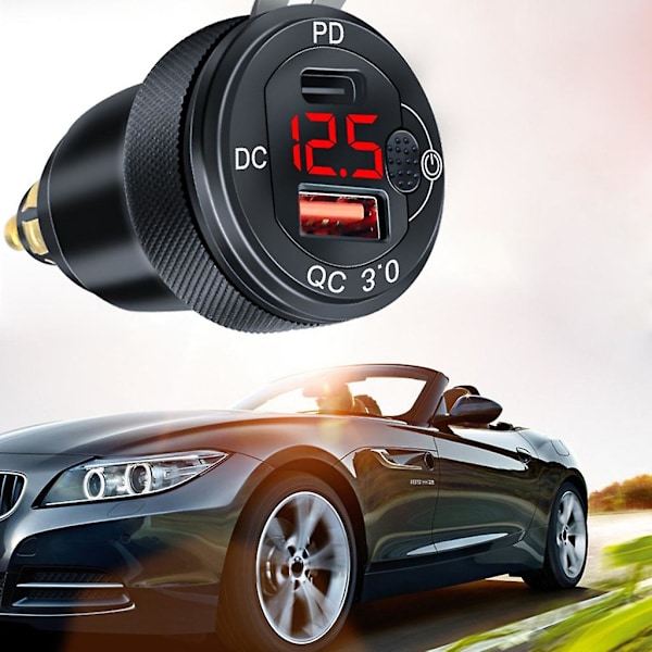 Snabbladdare 3.0 USB-laddningsadapter med LED-voltmeter för motorcykel Red 2 USB QC3