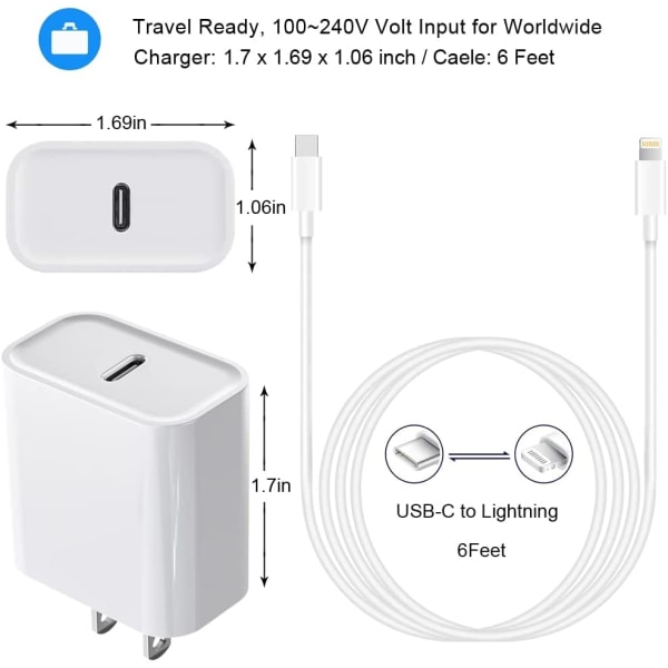 20W PD-adapter med 6FT Type-C til Lightning-kabel kompatibel med iPhone 13 12 Pro Max Mini 11 Xs XR X 8 Plus og mer US