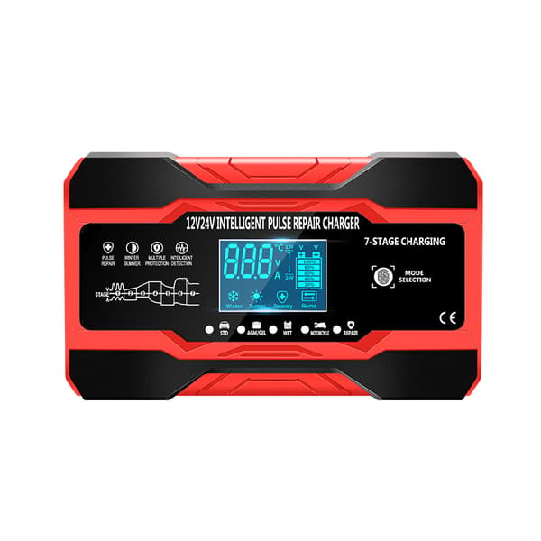Batterilader 12V/24V Helautomatisk Multifunksjonell Lader med LCD Berøringsskjerm Red