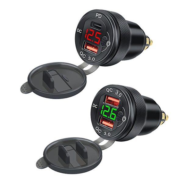 Snabbladdare 3.0 USB-laddningsadapter med LED-voltmeter för motorcykel Red 2 USB QC3
