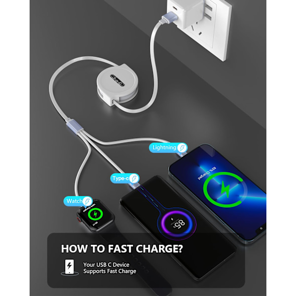 Optrækkeligt Telefon iwatch Opladerkabel, Opgraderet Multi 3 i 1 USB-oplader til Apple Watch Oplader+Lightning + Type C Kompatibel med iWatch