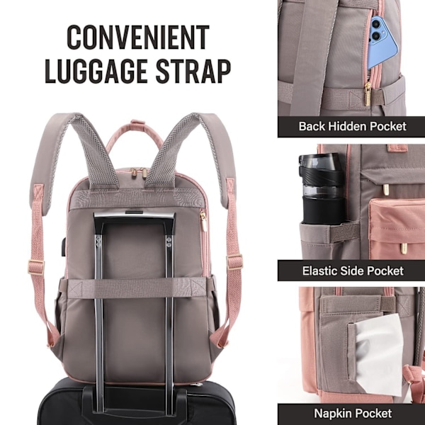 Laptopryggsäck för kvinnor 15 tum, med USB-port, vattentät rese ryggsäck rosa grå