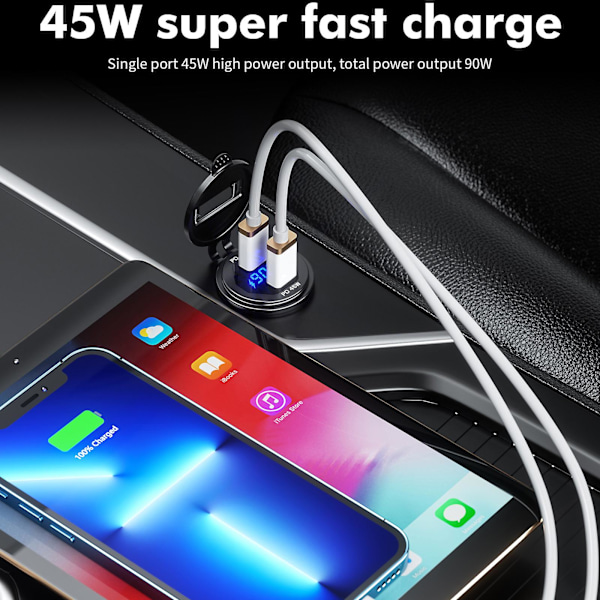 Metal 90w Dual Type C Usb C Pd Fast Car Charger With Voltage/power Display Blue 4