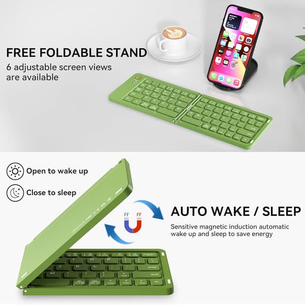 Sammenfoldeligt tastatur i fuld størrelse (synkroniser op til 3 enheder), til Android Windows iOS (grøn)