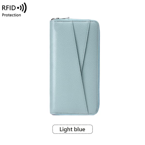 RFID-blokerende lang damepung - PU-læder kreditkortorganizer med lynlås Light Blue