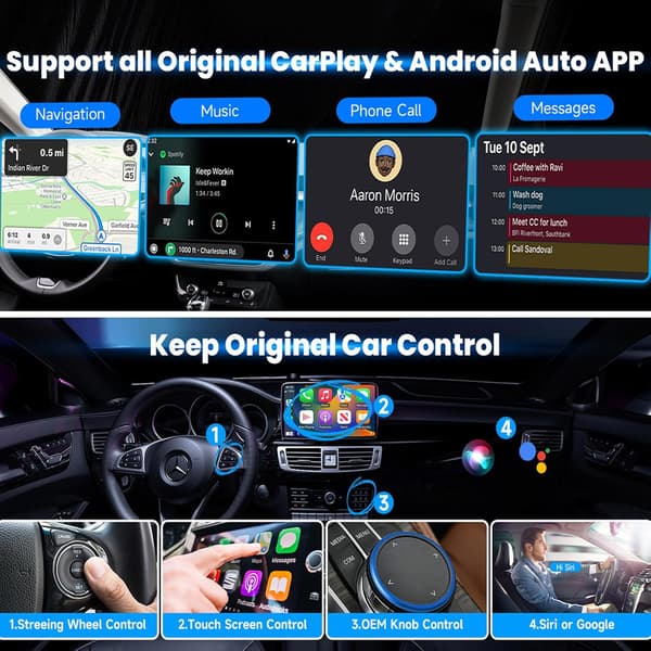 2-in-1 langaton sovitin Android Carplaylle, langaton kaapeli, USB Type-C Black