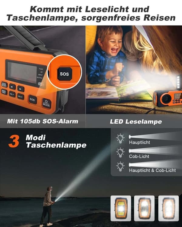 Solarradio, Nödvev Am/Fm/Noaa Väderradio, Med Sos-Varning (Orange)