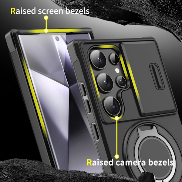 Kotelo Samsung Galaxy S25 Edge -puhelimelle, 360° kääntyvällä pidikkeellä, yksityisyyskameran suojus (musta)