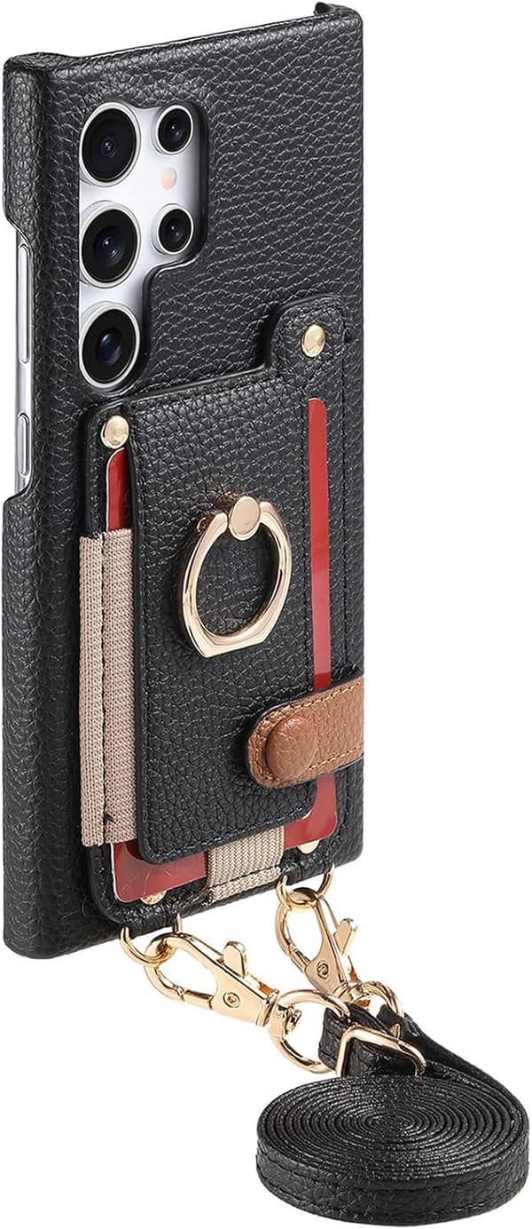 Etui til Samsung Galaxy S25 Plus, med kortpladser, ringholder, skulderrem (sort)