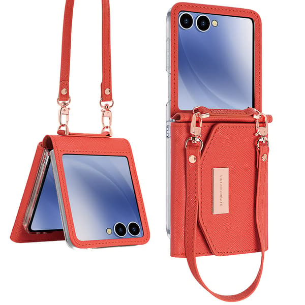 Etui til Samsung Galaxy Z Flip7, støtsikkert med lommebok, håndleddsstropp Orange