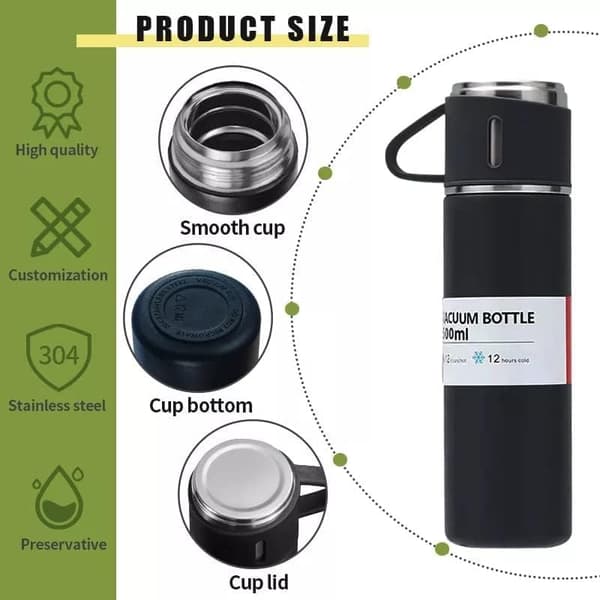 Termoflaske, 500 ml isoleret/kold drikkebeholder med 2 kopper i rustfrit stål (sort) Black 500ML