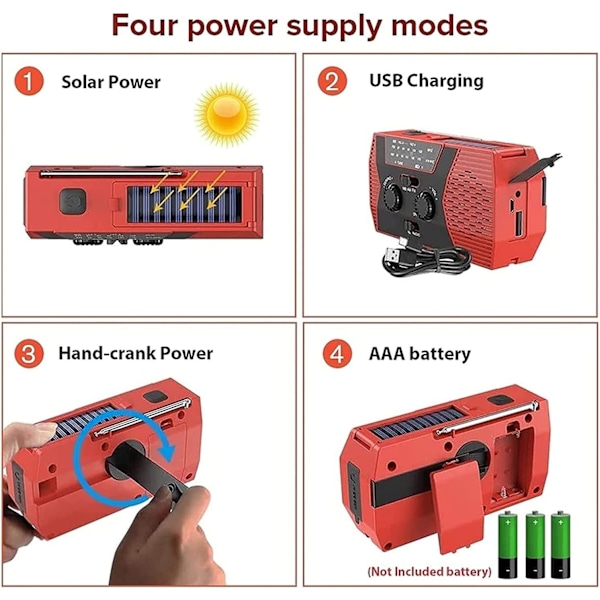AM/FM/NOAA Solardriven radio med handvev, med SOS-larm, 2000mAh (gul)
