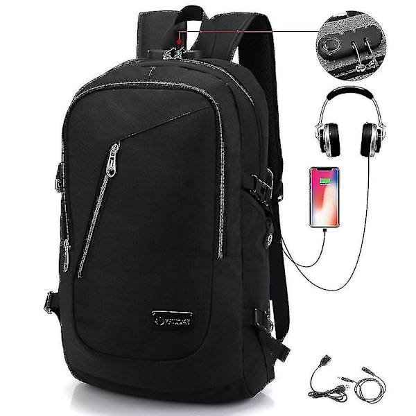 Student Ryggsekk Usb Lading Skoleveske Ungdom Datamaskinveske black