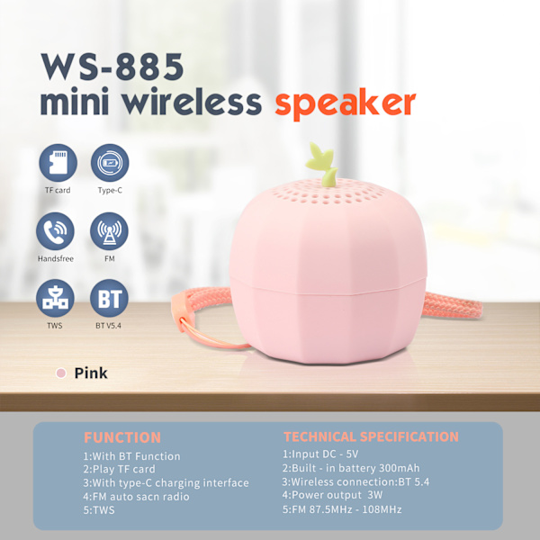 Bluetooth-kaiutin Coluna Ws-885 3W (Pinkki)