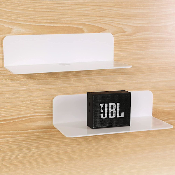Akryl svævende væghylder sæt med 2, Skadefri udvide vægplads, lille displayhylde til smarte højttaler/actionfigurer med kabelclips White