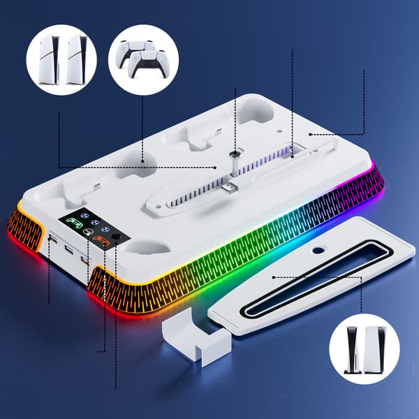 Køleventilator - Stativ og oplader med RGB 3 USB-porte til PS5/Slim/Pro (hvid)