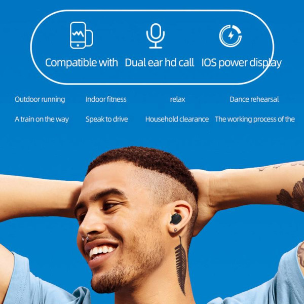 E7S TWS-headset Bluetooth 5.0-hörlurar Vattentäta sporthörlurar Stereomusikhörlurar med mikrofon för mobiltelefoner black