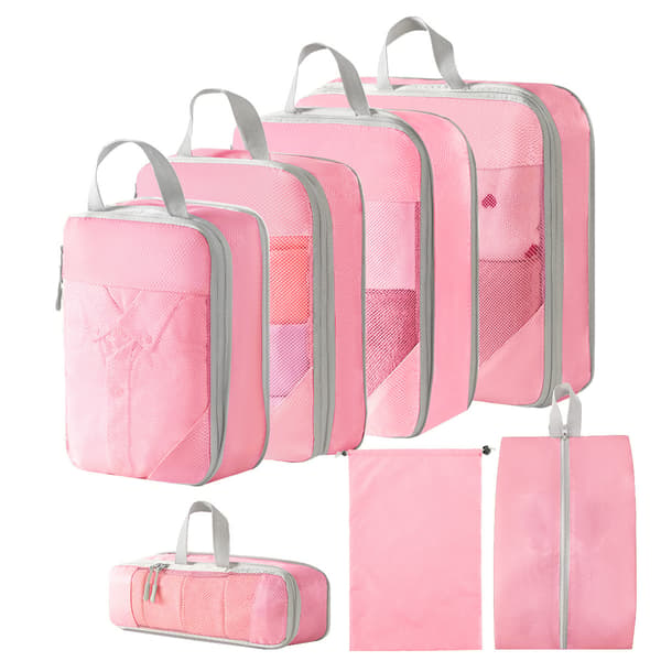 Resväska organisationsväska set, med dragskoväskor och skoväskor 7-pack (rosa)