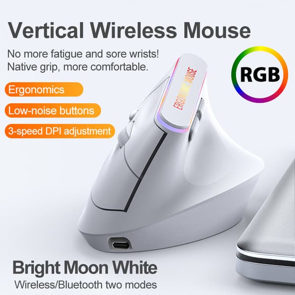 Trådlös mus BT, 57° handledsvänlig ergonomisk, tysta klick, 2.4G/BT 5.2 (vit)