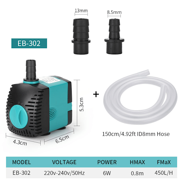 Dränkbar fontänvattenpump (450L/H, 6W) med 2 munstycken 0,8 m lyfthöjd, 1,5 m vattenslang