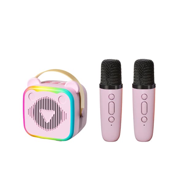 Bluetooth Karaoke-høyttaler, med 2 mikrofoner og lys (rosa)