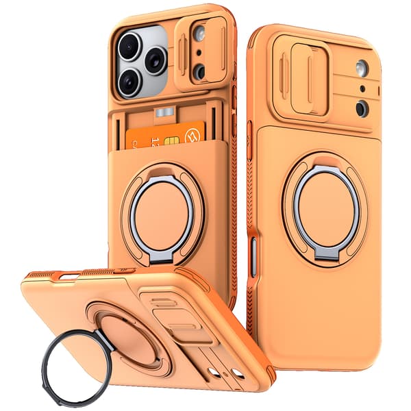 Etui til iPhone 17 Pro Max, Skydbart Kameradæksel Støtteben TPU + PC med Kortholder Orange For iPhone 17 Pro Max