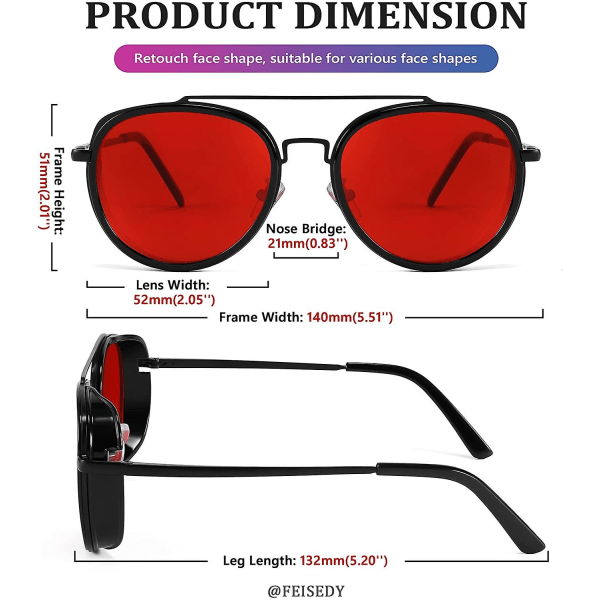 Retro Steam Punk Aurinkolasit Pyöreät Steampunk Double Bridge Aviator Silmälasit Naisille Miesten B2822 Red Lens