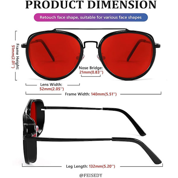 Retro Steam Punk Solbriller Runde Steampunk Double Bridge Aviator Briller For Kvinner Menn B2822 Red Lens