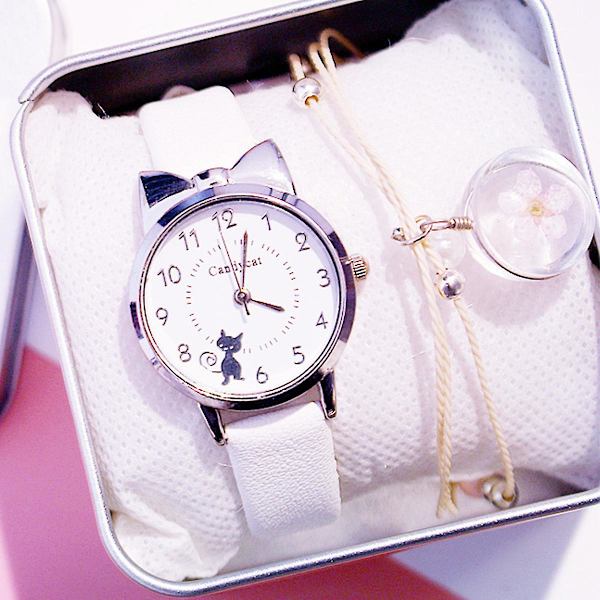 Cute Ears Kitten Dial Strap Quartz Watch, White Jiujiuso