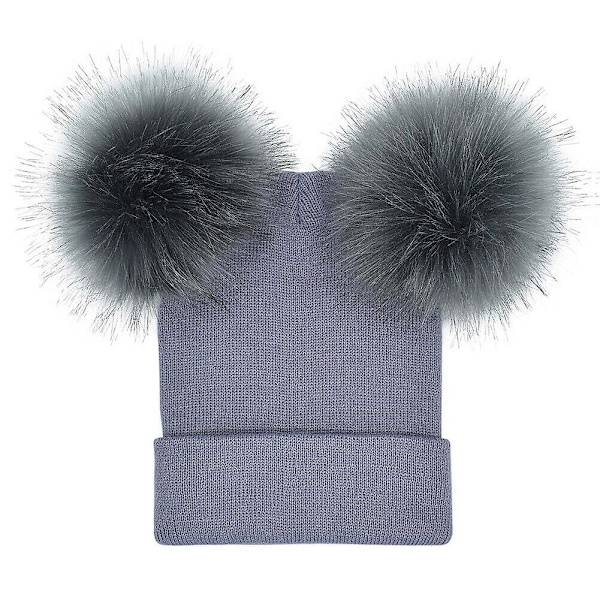 Talven lämpimät neulotut lippalakit Pehmeä tekoturkis Double Pom Beanie Hat Pehmovuori Gray
