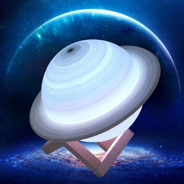 3d Print Dekor Saturn Lampa Med Trä Ställ Hängande Net Nursery Led Nattljus 15cm