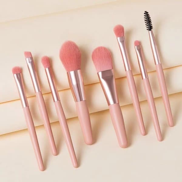 Sminkborstset med förvaringspåse - 8-pack (Rosa)