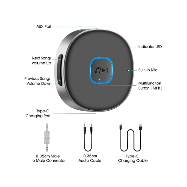 Bærbar 3,5 mm trådløs Bluetooth 5.0 bil Bluetooth-adapter til bilstereo/hjemmestereo/kablet sort