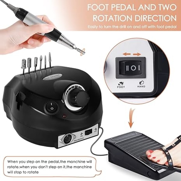 Elektrisk Nagelfil 35000 Varv/Min Elektrisk Nagelfräsmaskin Set - Svart