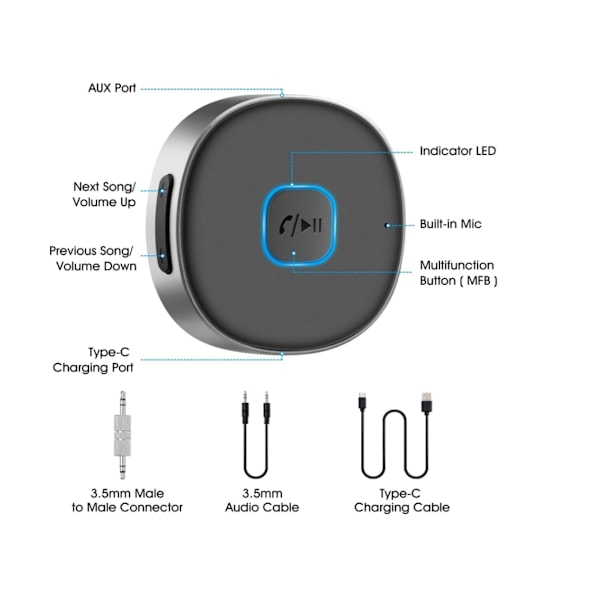 Bluetooth Bil Aux Adapter, Bluetooth Mottaker For Bil Bluetooth Mottaker 5.0, Bærbar Aux Adapter For Bil,