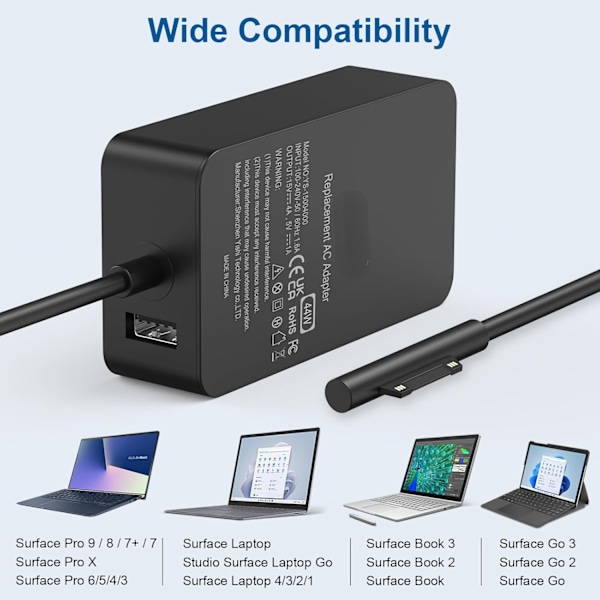 Laddare för Microsoft Surface Pro 7/6 / 5/4 / 3 44w 15V 2.58A Nätadapter