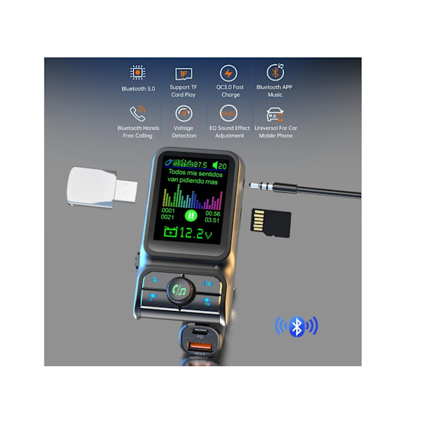 Bil 1.8 Färgskärm Bluetooth 5.3 FM-sändare Hifi Diskant Bas Spelare Eq Ljud Musikspelare TF/Usb E Aux Bil