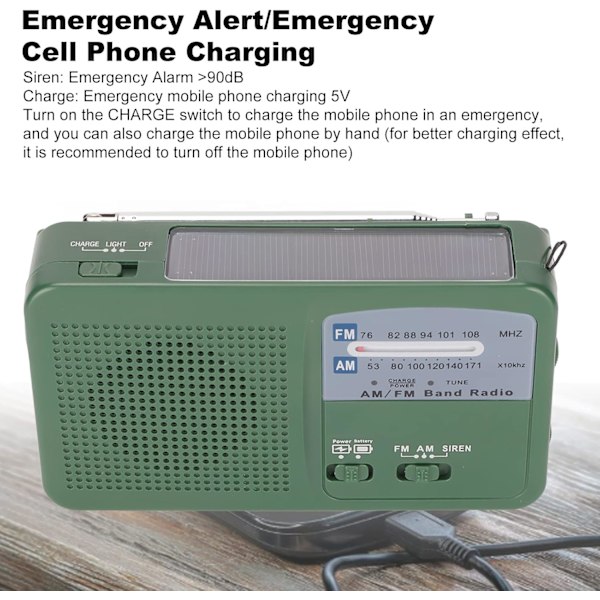 Aurinkovoimalla toimiva käsikampi FM/AM-radio LED-taskulampulla ja sireenillä (vihreä)