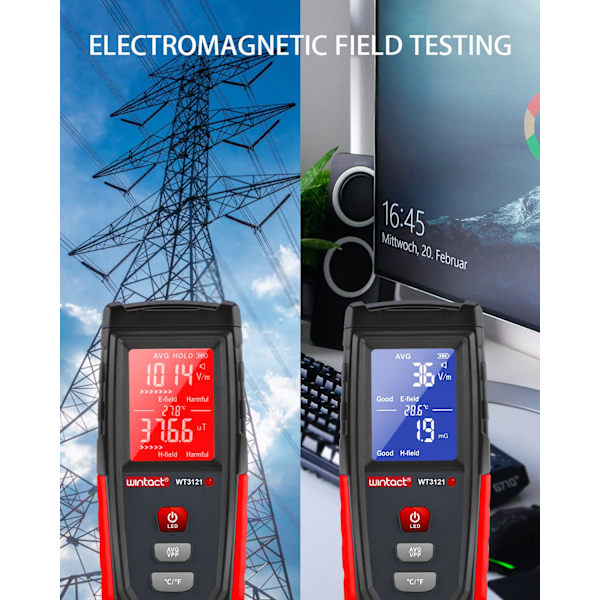 Smart digital elektromagnetiska fält strålningsdetektormätare, laddningsbar, handhållen bärbar med temperatur, LCD-bakgrundsbelysning