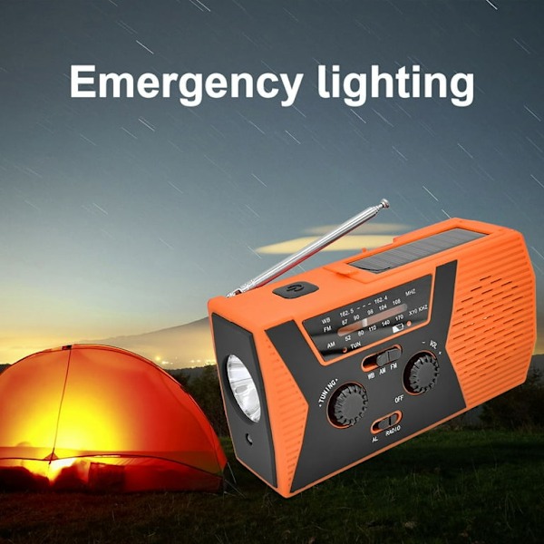 AM/FM/NOAA Solardriven radio med handvev, med SOS-larm, 2000mAh (orange)