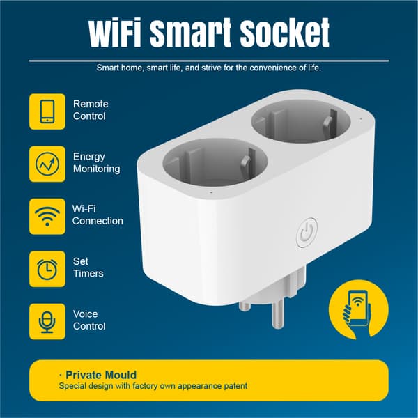 Smart dobbelkontakt, 16A Wifi-plugg med stemmestyring, kompatibel med Zigbee/Blemesh/Ty-app