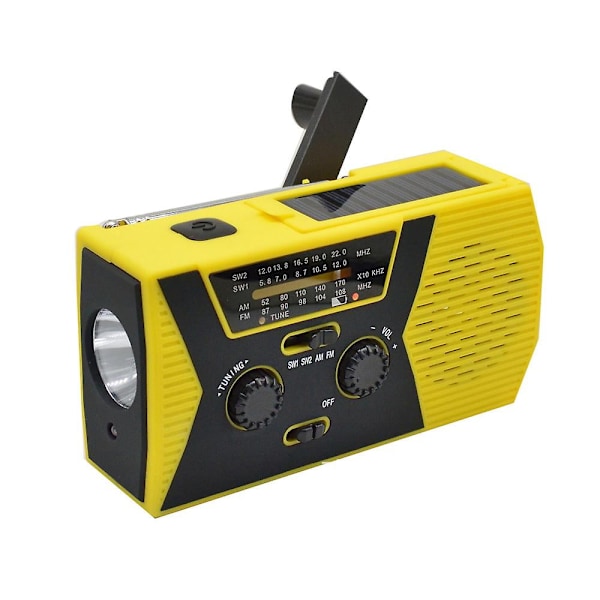AM/FM/NOAA Solardriven radio med handvev, med SOS-larm, 2000mAh (gul)