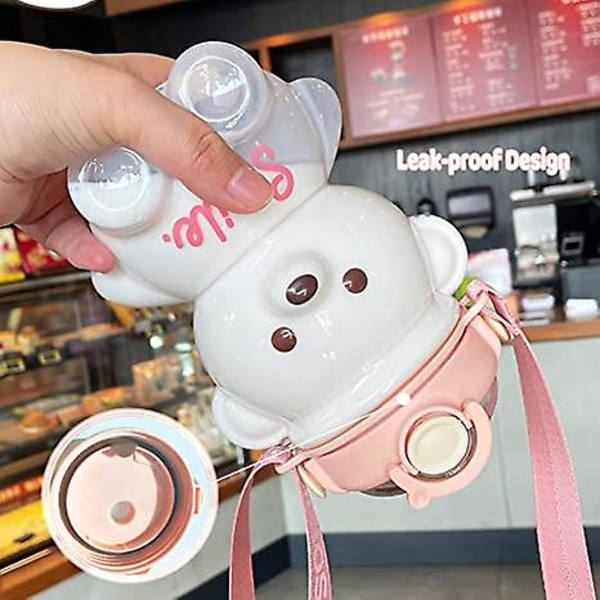 Bear vesipullo oljella, Kawaii vuotamaton vesikannu säädettävällä olkahihnalla retkeilymatkoille 1400ml Pink