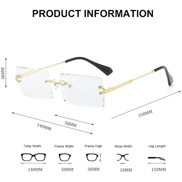 Båglösa rektangulära solglasögon kompatibla med kvinnor/män Ultralätt metallbåge Glasögon Mode fyrkantiga Uv400 glasögon unisex Transparent