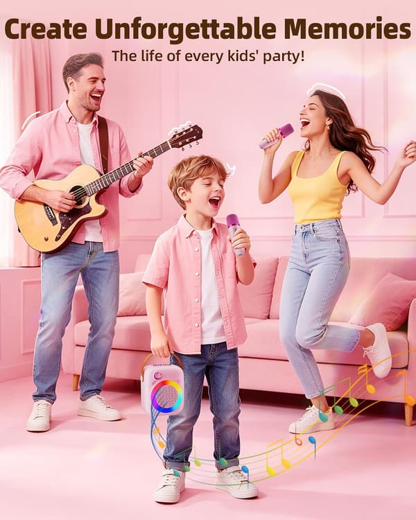 Karaokemaskin för barn 3–12 år, Bluetooth 5.3-högtalare med 2 trådlösa mikrofoner Pink