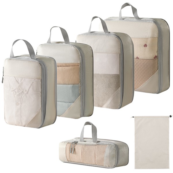 Resväska Organiseringsväska Set, Med Dragskoväska 6-pack (Beige)