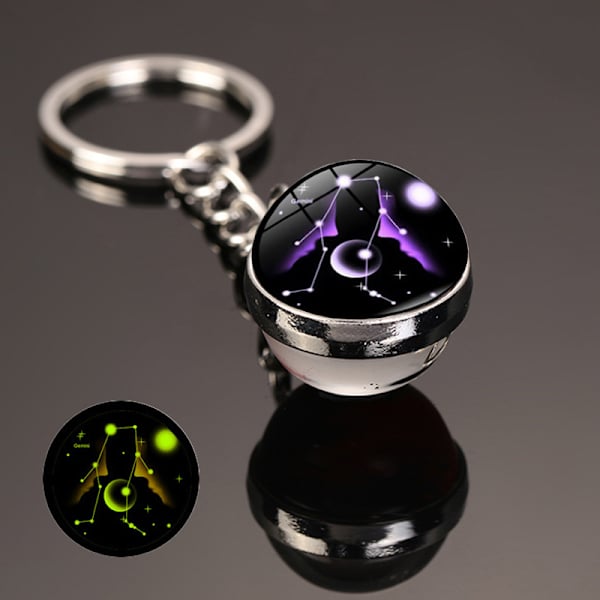 Ny 12 Constellation nøglering Stjernehimmel lysende nøglering Time Stone Glas Kugle nøglering tilbehør Vedhæng nøglering gaver Gemini