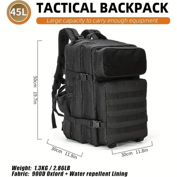 Taktisk Rygsæk Stor 3P Assault Taske 45L Black
