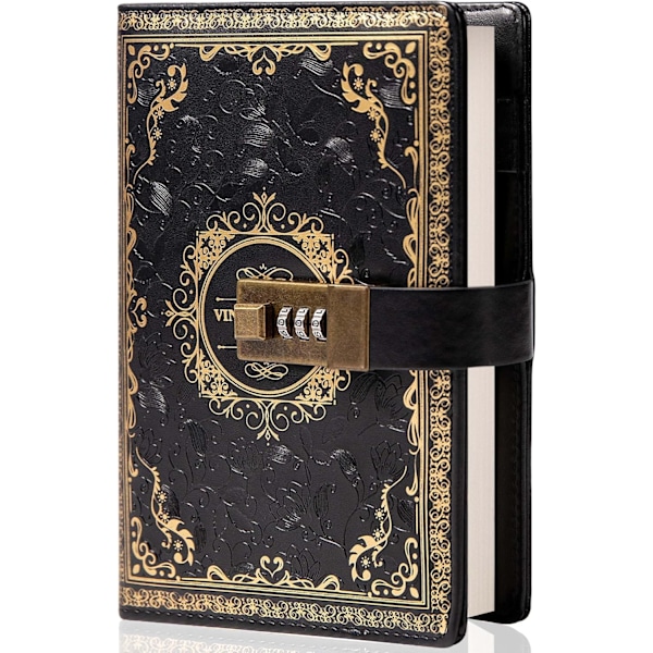 Vintage Lærjournal Notatbok Med Kombinasjonslås, B6 Preget Blomst Hemmelig Dagbok Svart