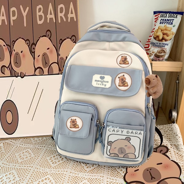 Capybara-reppu kouluun, söpö preppy-tyyliinen reppu kawaii-pinillä ja tarvikkeilla tytöille, sininen nukella